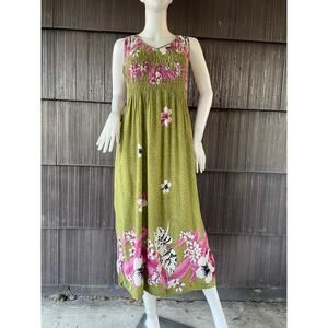 🔥Unity trading Hawaii Hibiscus Tropical Smock Midi Dress Beach Resort  Boho OS